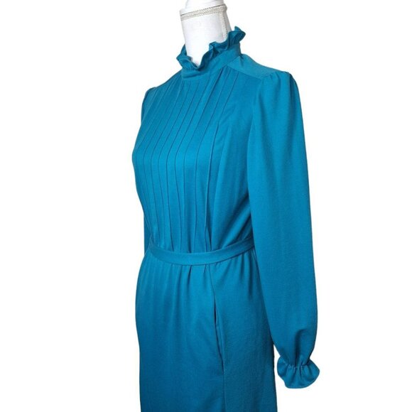 JCPenney Fashions Blue Dress Long Ruffle High Neck Pockets Tie Vintage Womens 14 - Picture 13 of 16